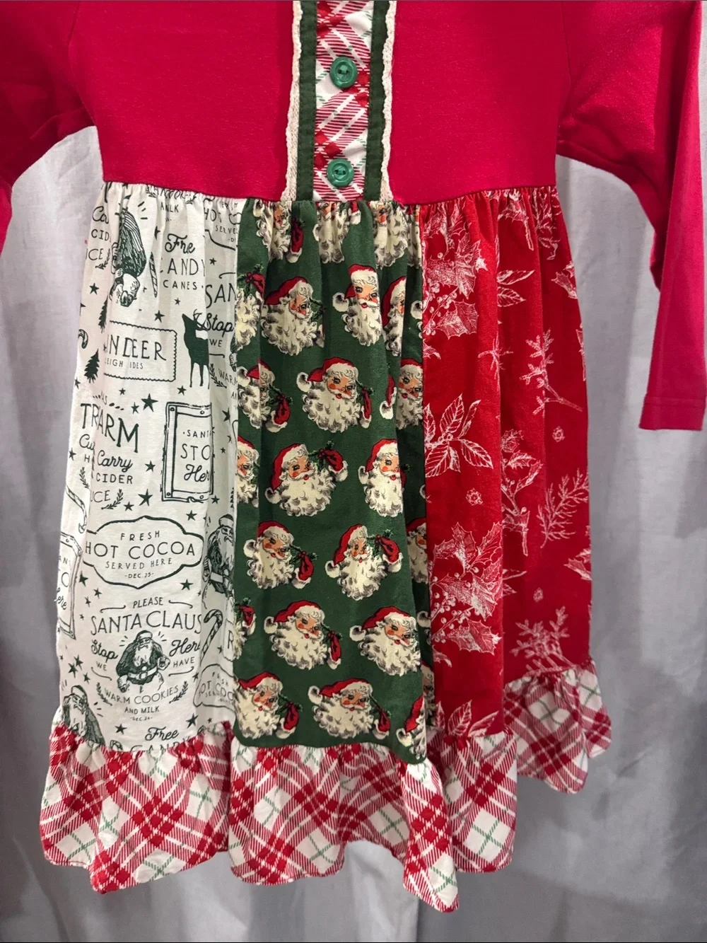 Holiday Patchwork Long-Sleeve Kids Dress - Red